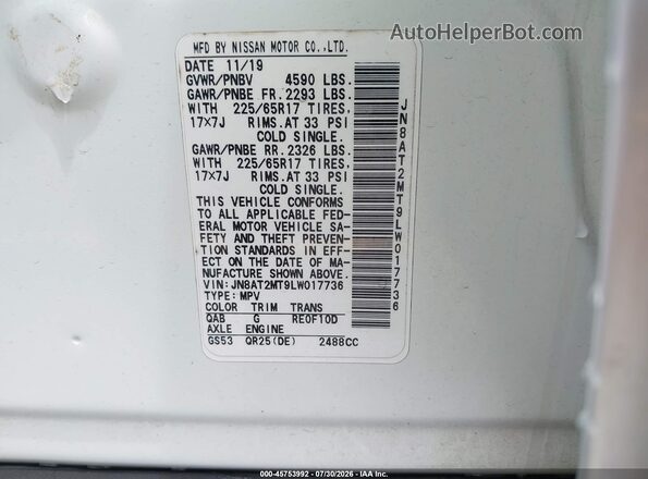 JN8AT2MT9LW017736 2020 NISSAN ROGUE White Widok komory silnika