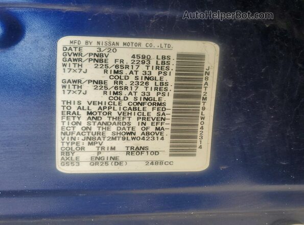 JN8AT2MT9LW042314 2020 NISSAN ROGUE Blue Панорамний вид салону 360°