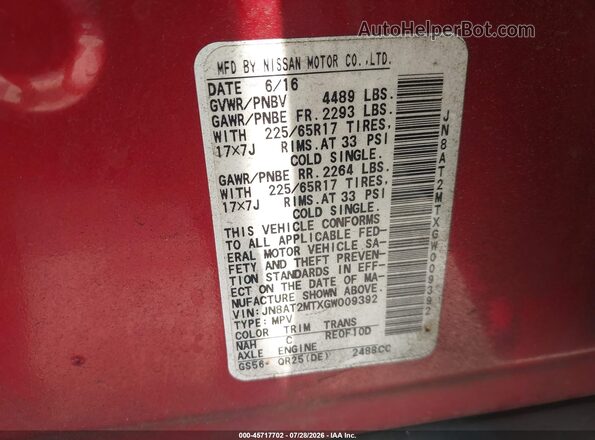 JN8AT2MTXGW009392 2016 NISSAN ROGUE Red Vista del compartimento del motor