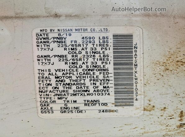 JN8AT2MTXLW010374 2020 NISSAN ROGUE Белый Вид наклейки с VIN-кодом