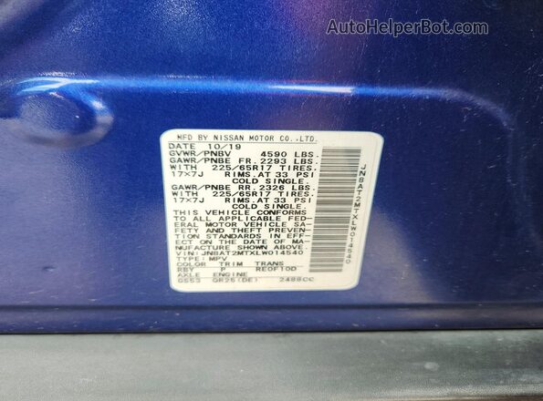 JN8AT2MTXLW014540 2020 NISSAN ROGUE Blue VIN კოდის სტიკერის ხედი