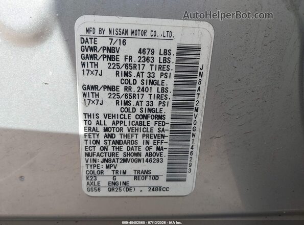 JN8AT2MV0GW146293 2016 NISSAN ROGUE Серебряный Вид подкапотного пространства