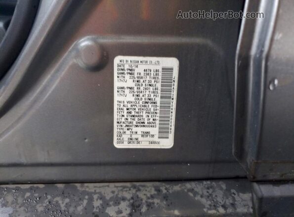 JN8AT2MV0HW000493 2017 NISSAN ROGUE Gray Вид наклейки з VIN-кодом