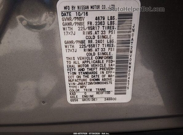 JN8AT2MV0HW004575 2017 NISSAN ROGUE Gray Engine compartment view