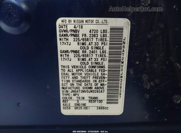 JN8AT2MV0JW329247 2018 NISSAN ROGUE Blue Շարժիչի բաժամունքի տեսք