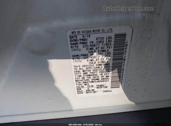 JN8AT2MV0JW349031 2018 NISSAN ROGUE White Vista del compartimento del motor