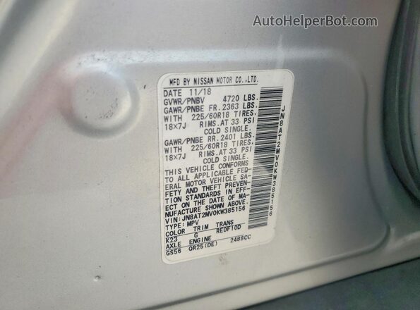 JN8AT2MV0KW385156 2019 NISSAN ROGUE Silver Widok naklejki z numerem VIN