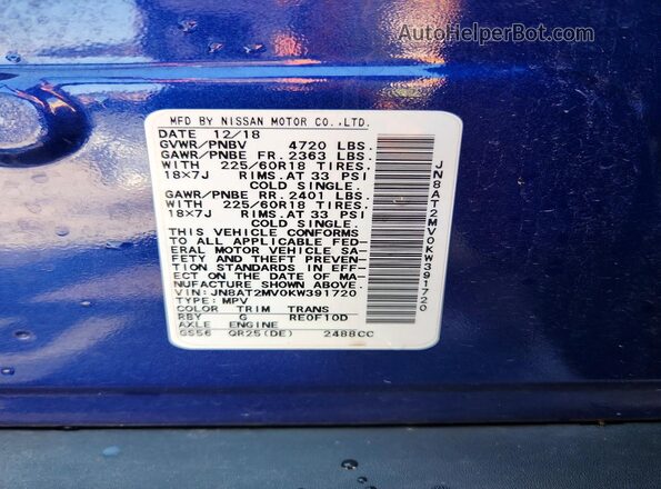 JN8AT2MV0KW391720 2019 NISSAN ROGUE Blue VIN sticker view