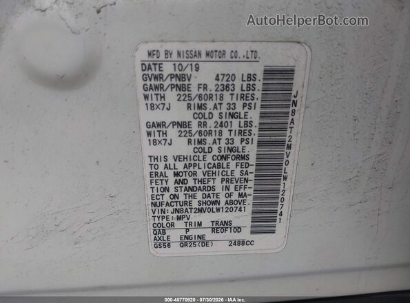 JN8AT2MV0LW120741 2020 NISSAN ROGUE White ძრავის განყოფილების ხედი