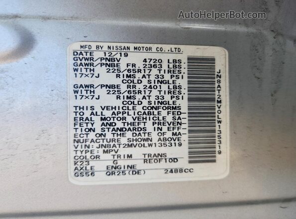 JN8AT2MV0LW135319 2020 NISSAN ROGUE Silver Widok komory silnika