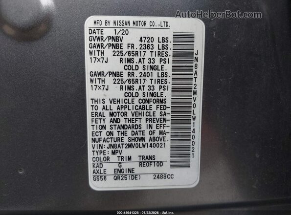 JN8AT2MV0LW140021 2020 NISSAN ROGUE Gray Widok komory silnika