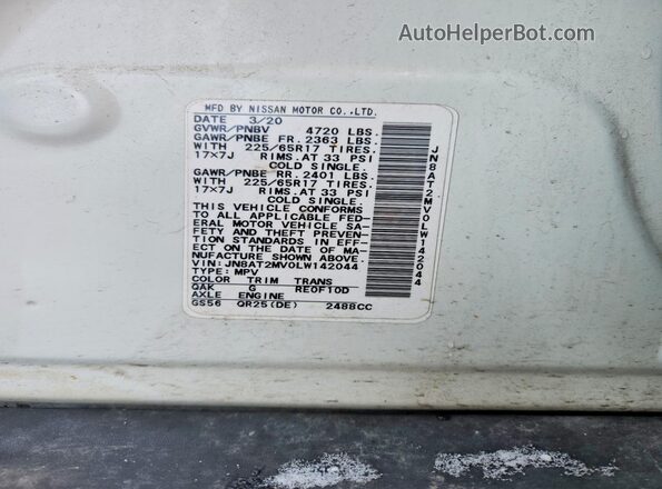 JN8AT2MV0LW142044 2020 NISSAN ROGUE White Vista del compartimento del motor
