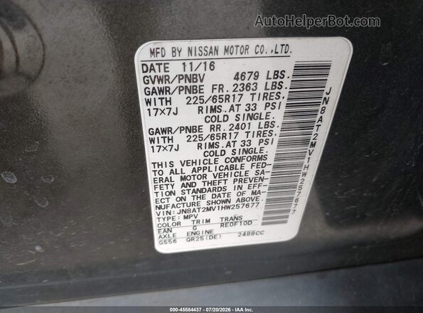 JN8AT2MV1HW257677 2017 NISSAN ROGUE Green Vista del compartimento del motor