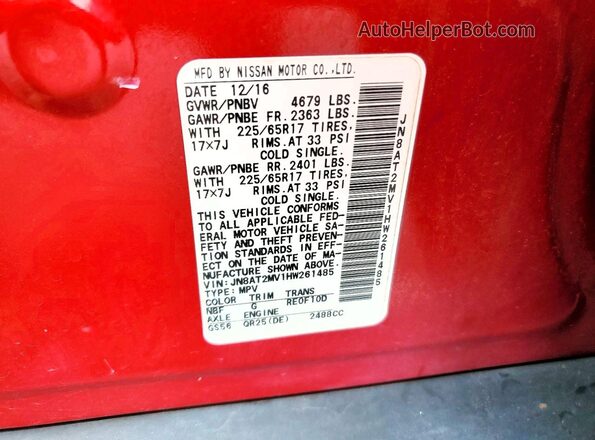 JN8AT2MV1HW261485 2017 NISSAN ROGUE Red Vista de la etiqueta del VIN