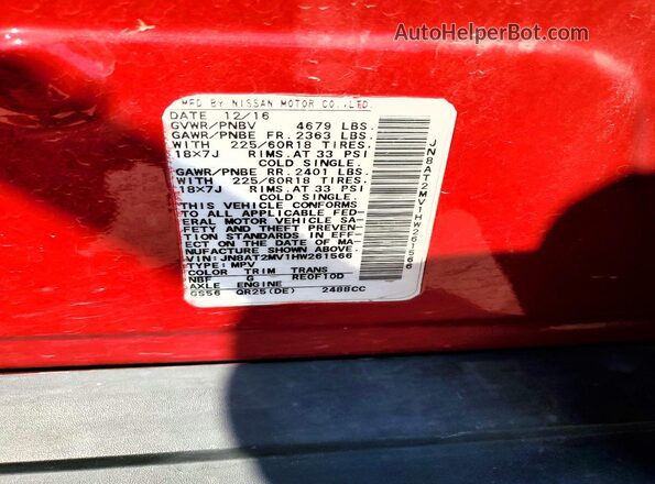 JN8AT2MV1HW261566 2017 NISSAN ROGUE Red Vista de la etiqueta del VIN