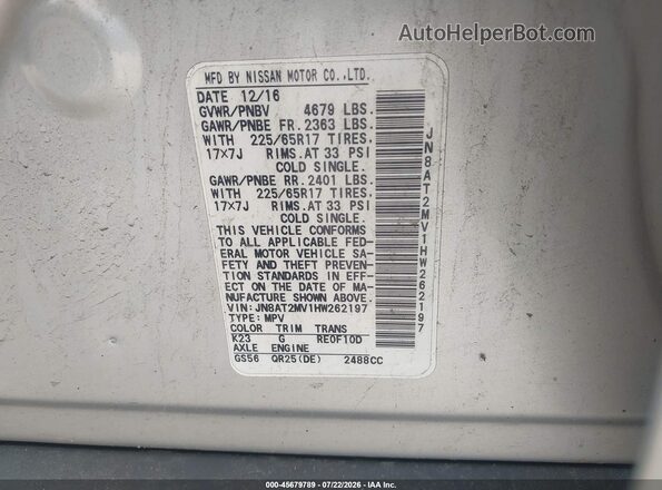 JN8AT2MV1HW262197 2017 NISSAN ROGUE Silver Engine compartment view