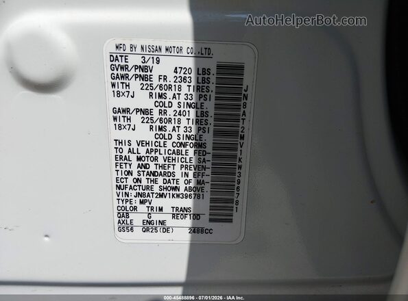JN8AT2MV1KW396781 2019 NISSAN ROGUE White Вид підкапотного простору