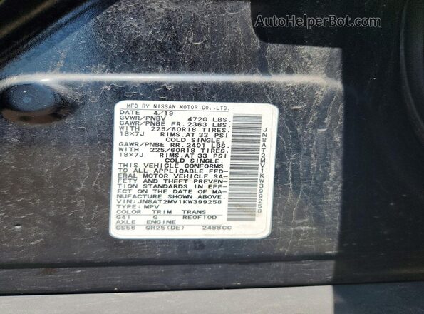 JN8AT2MV1KW399258 2019 NISSAN ROGUE Black VIN კოდის სტიკერის ხედი