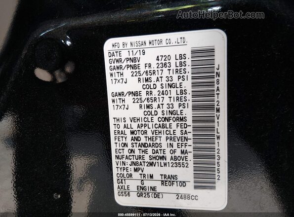 JN8AT2MV1LW123552 2020 NISSAN ROGUE Черный Вид подкапотного пространства