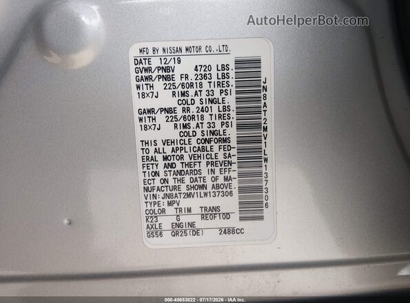 JN8AT2MV1LW137306 2020 NISSAN ROGUE Silver Engine compartment view