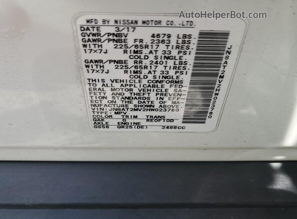 JN8AT2MV2HW023760 2017 NISSAN ROGUE White VIN კოდის სტიკერის ხედი