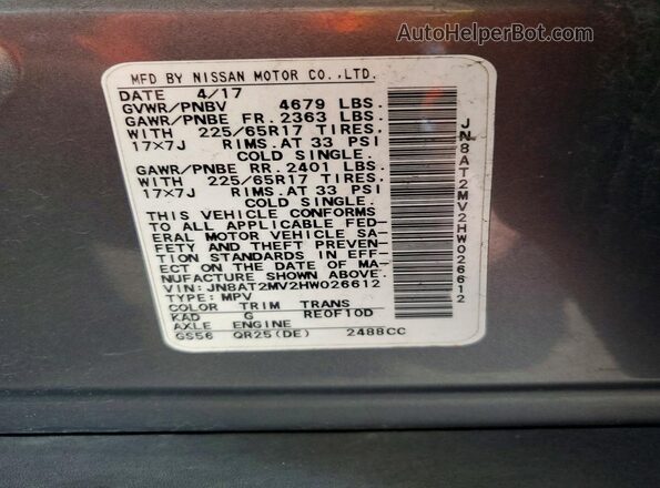 JN8AT2MV2HW026612 2017 NISSAN ROGUE Gray VIN sticker view