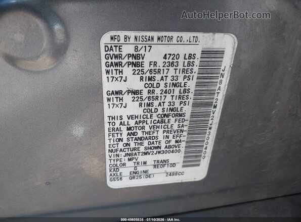 JN8AT2MV2JW300400 2018 NISSAN ROGUE Gray Engine compartment view