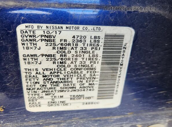 JN8AT2MV2JW304740 2018 NISSAN ROGUE Blue VIN sticker view