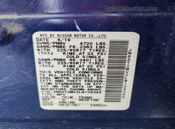 JN8AT2MV2LW104394 2020 NISSAN ROGUE Blue VIN sticker view