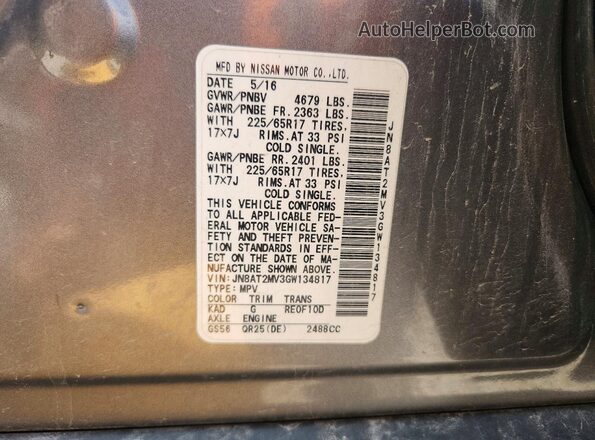 JN8AT2MV3GW134817 2016 NISSAN ROGUE Gray Engine compartment view