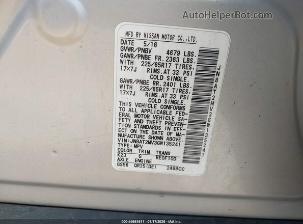 JN8AT2MV3GW135241 2016 NISSAN ROGUE Silver Вид підкапотного простору