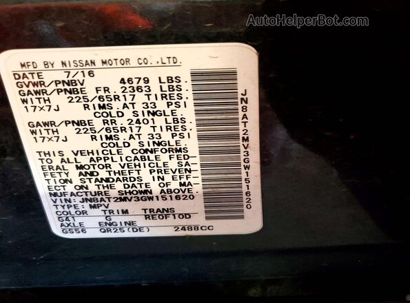 JN8AT2MV3GW151620 2016 NISSAN ROGUE Black Widok naklejki z numerem VIN