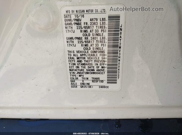 JN8AT2MV3HW004327 2017 NISSAN ROGUE Белый Вид подкапотного пространства
