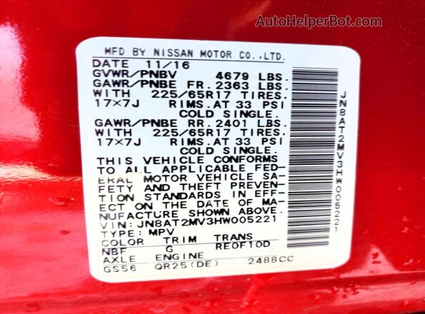 JN8AT2MV3HW005221 2017 NISSAN ROGUE Burgundy VIN կոդի պիտակի տեսք