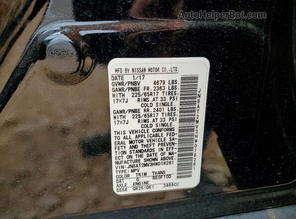 JN8AT2MV3HW018261 2017 NISSAN ROGUE Black Vista de la etiqueta del VIN