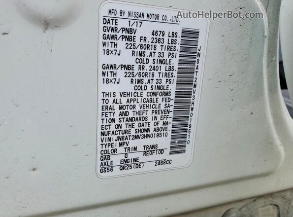 JN8AT2MV3HW019510 2017 NISSAN ROGUE White VIN კოდის სტიკერის ხედი