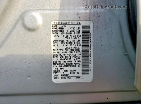 JN8AT2MV3KW395163 2019 NISSAN ROGUE Серебряный Вид наклейки с VIN-кодом