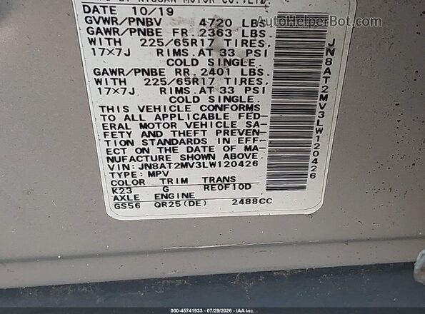 JN8AT2MV3LW120426 2020 NISSAN ROGUE Gray Widok komory silnika
