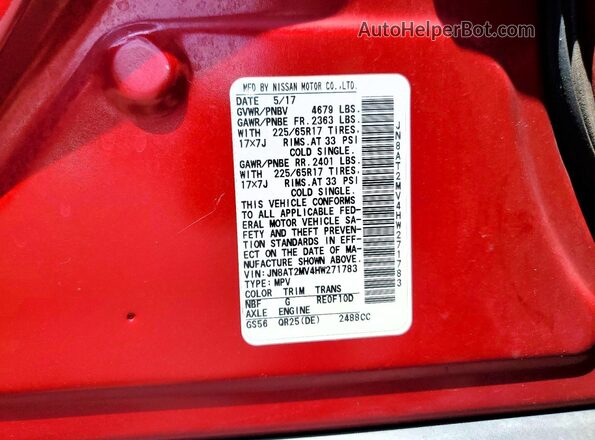 JN8AT2MV4HW271783 2017 NISSAN ROGUE Red ძრავის განყოფილების ხედი