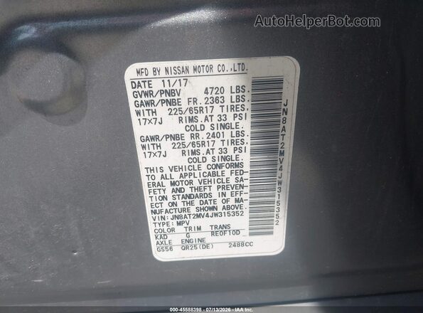 JN8AT2MV4JW315352 2018 NISSAN ROGUE Gray Vista del compartimento del motor