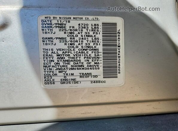 JN8AT2MV4KW384558 2019 NISSAN ROGUE Silver Vista del compartimento del motor