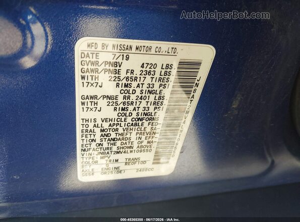 JN8AT2MV4LW109550 2020 NISSAN ROGUE Blue Widok komory silnika