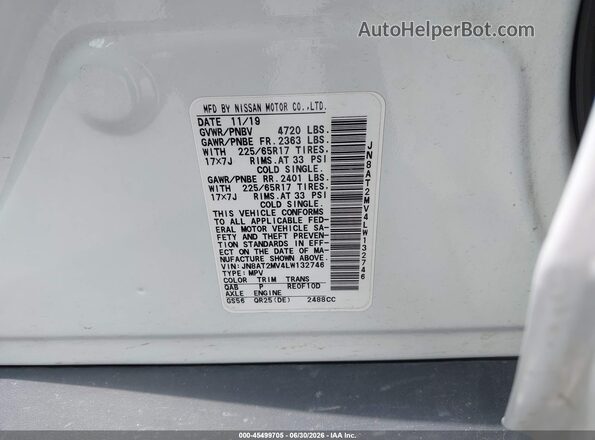 JN8AT2MV4LW132746 2020 NISSAN ROGUE White Вид підкапотного простору