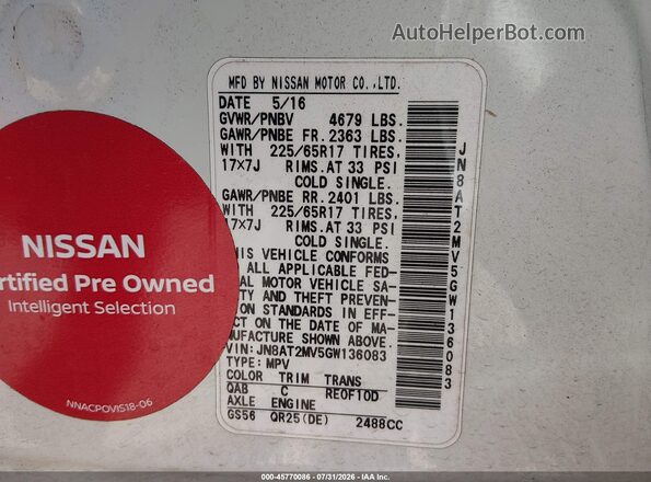 JN8AT2MV5GW136083 2016 NISSAN ROGUE White Widok komory silnika
