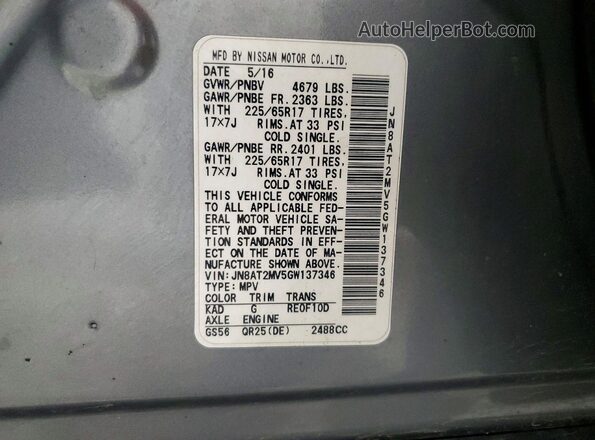 JN8AT2MV5GW137346 2016 NISSAN ROGUE Gray VIN კოდის სტიკერის ხედი
