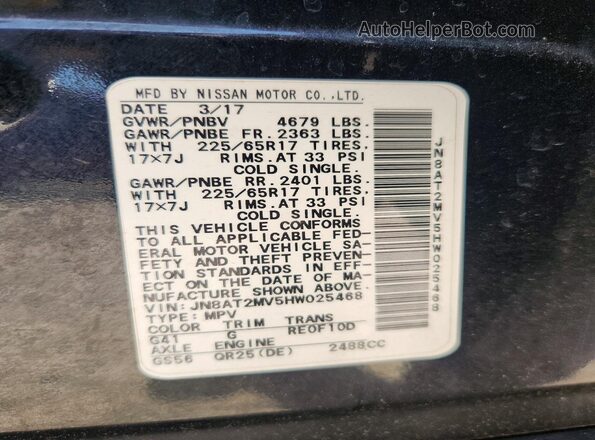 JN8AT2MV5HW025468 2017 NISSAN ROGUE Black VIN კოდის სტიკერის ხედი