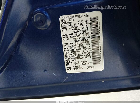 JN8AT2MV5JW349218 2018 NISSAN ROGUE Blue Vista del compartimento del motor