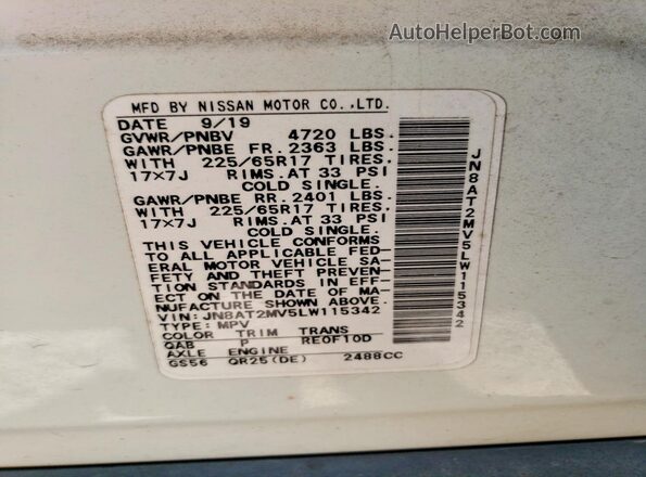 JN8AT2MV5LW115342 2020 NISSAN ROGUE White Vista de la etiqueta del VIN