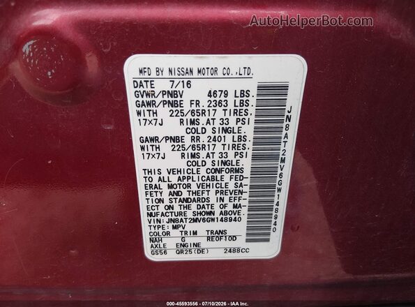 JN8AT2MV6GW148940 2016 NISSAN ROGUE Maroon Vista del compartimento del motor