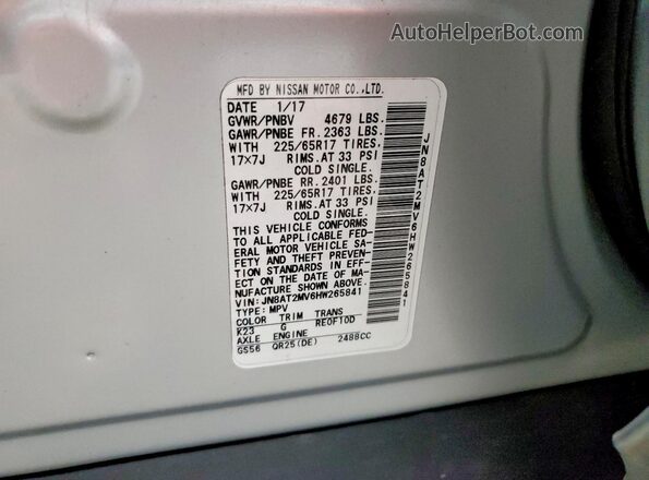 JN8AT2MV6HW265841 2017 NISSAN ROGUE Silver VIN sticker view